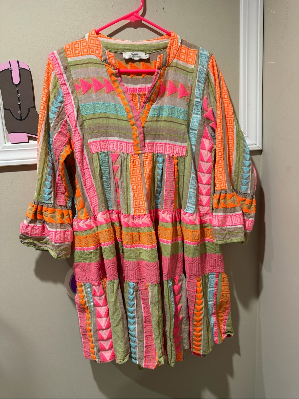 Devotion TWINS Sage Tunic Dress with Pink, Orange & Aqua Embroidery